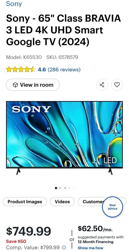 65 " Sonia Bravia 3 For Sale New In box!