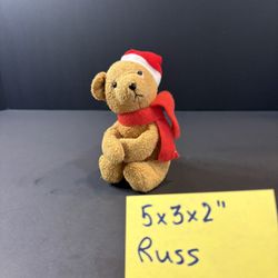 Mini Russ Berrie Plush Christmas Brown Teddy Bear Santa Hat Red Scarf 5"
