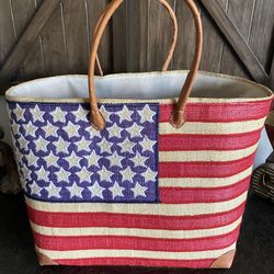 Boutique American Flag  Raffia Tote Bag