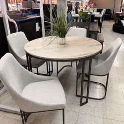 Dining Set Round Wooden Table Top 4 Grey Fabric Chairs