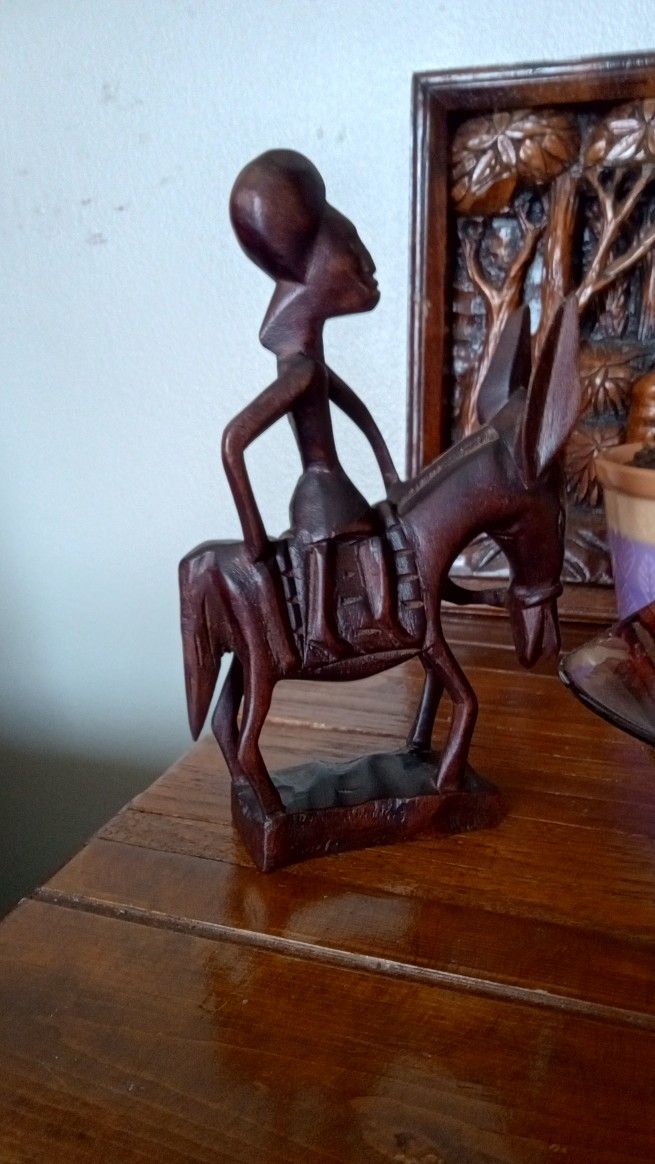 Wood Man On Donkey 8 X 5 ". Signed