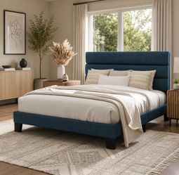 Blue fabric upholstered Queen Bed frame with wooden slats