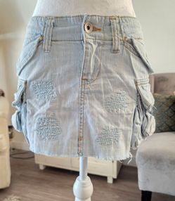 Light Wash Denim vintage Mini Skirt with Patches