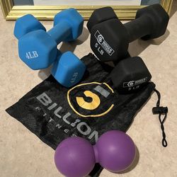 5 Billion Fitness Massage Ball + set of 4 lbs dumbbells + set of 5 lbs dumbbells