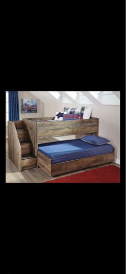 Rustic Wood Bunk Bed with Stairs & Trundle