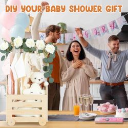 (200058) Wooden Baby Shower Crate Closet with Wheels & Higher Handle, Pushable Baby Shower Gifts Baby Basket, Wooden Crate for Storage, Personalized B
