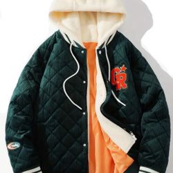 Rare Fleece-Lined BomberJacket. Warm Casual Fall/Winter Coat. Green And Orange Color Scheme/ Long Sleeves/Polyester Material For Outdoor Casual Attire