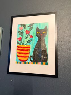 Framed Black Cat Folk Art Painted