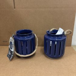 New Pair of 6.5” Blue Outdoor Patio Ceramic Lanterns with Rope Handles 
