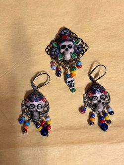 Day of the Dead Skull Earrings and Brooch Set