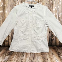 Lafayette 148 White Jacket Size 10 Women’s Beaded Button Down Long Sleeve Fringe