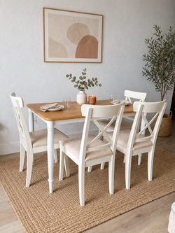 Dining Set – Wood & White Table + 4 Upholstered Chairs