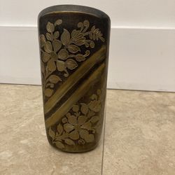 Brass Carved Vase Ornate Filigree Flowers Patina