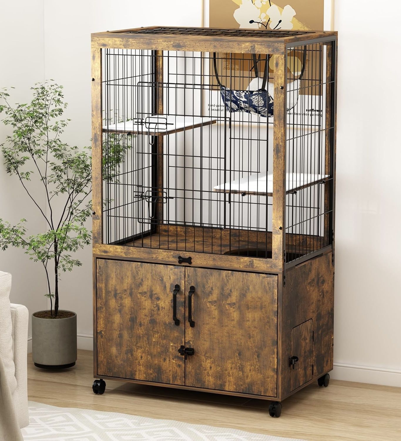 NEW Indoor Cat Cage W/ Wooden Hidden Litter Box & Playpen, Furniture Cat Cage !