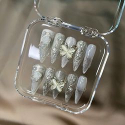 Silver Glitter Press-On Nails – Long Stiletto with 3D Butterfly & Rose Accents