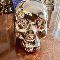 EYE-CATCHING Life Size Metallic Silver Skull Sculpture | Modern Gothic Decor Art Signed By Artist!