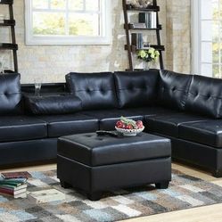 New Black Leather Sectional And Ottoman 