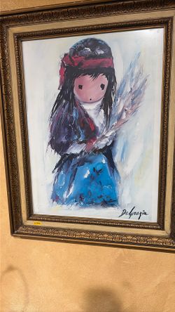 Framed DeGrazia-Style Southwestern Art Print – Girl in Blue