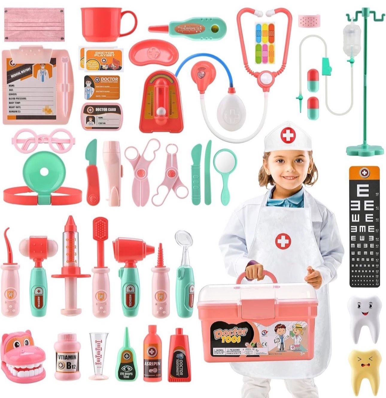 44Pcs Doctor Kit for Kids, Pretend Play Educational Doctor Set, Medical Dr Kit with Stethoscope & Doctor Costume, Durable Dentist Kit Playset for Todd