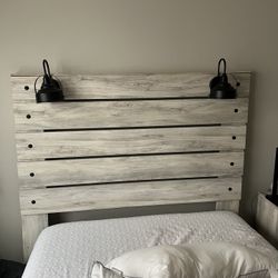 Rustic-Themed Gray Wooden Headboard with Built-In Lamps & Dresser Combo