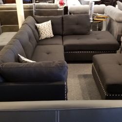 Brand New 104" x 75" Black Linen Reversible Sectional + Ottoman