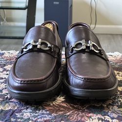 Salvatore Ferragamo Gancini Mens Brown Leather Dress Loafers Shoes Size 12 D