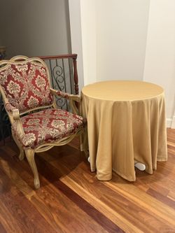 Chair, Table, And Gold Table Cover