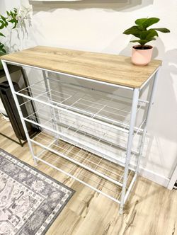 Brand New Wood Top Shoe Rack or Storage Shelf – White Metal Frame