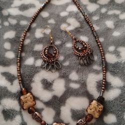 Hematite wood copper choker  earring set