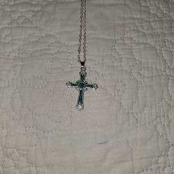 21 Inch Blue Topaz Stainless Steel Cross Necklace 