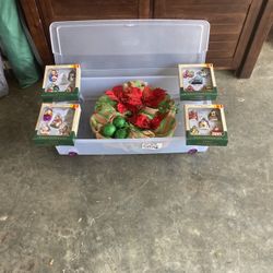 Wreath, Xmas Ornaments And Under-bed Plastic Storage Case With Lid