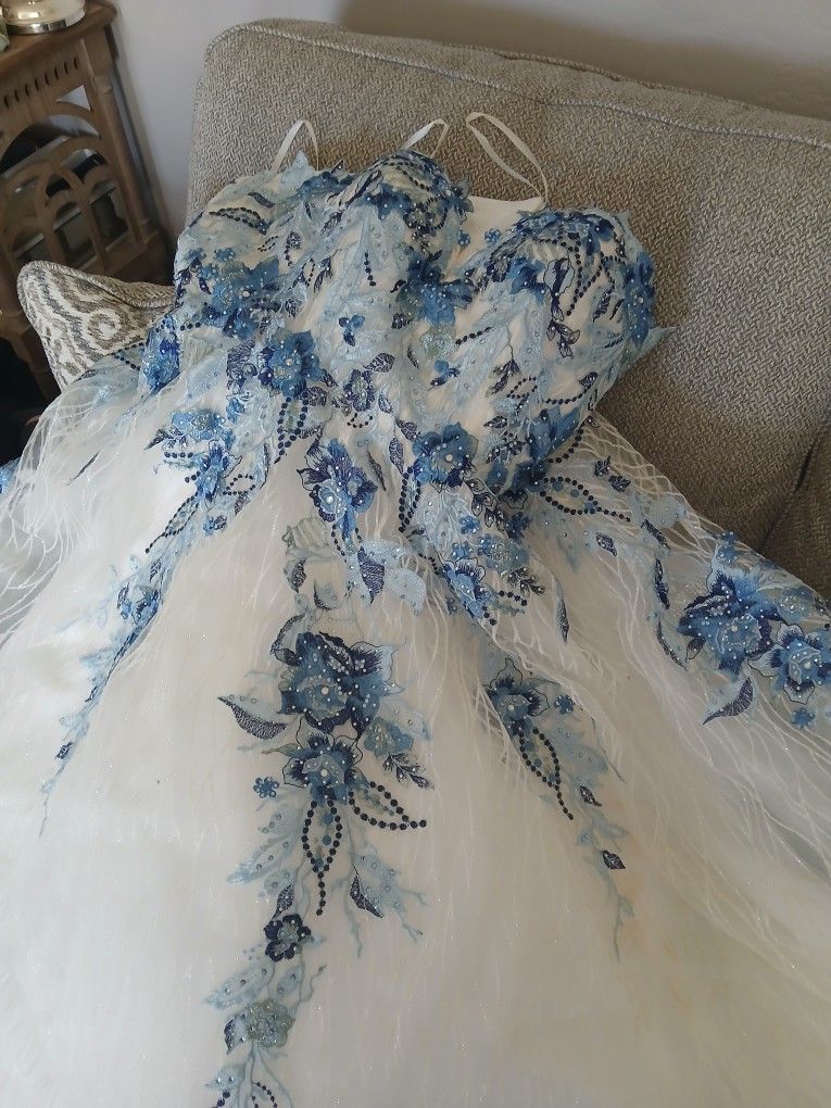 White And Blue Sparkly 15 Dress