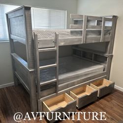 Solid Wood Full Full Bunk Bed W Memory Foam Mattresses And 3 Drawers 