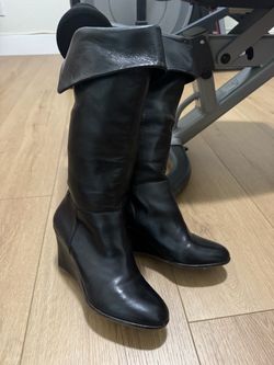 Black Leather Knee-High Wedge Boots