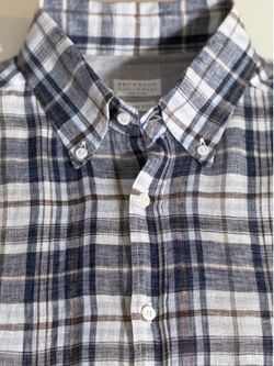BRUNELLO CUCINELLI Men's Shirt Blue White Plaid Linen Long-Sleeve Slim Fit Size M
