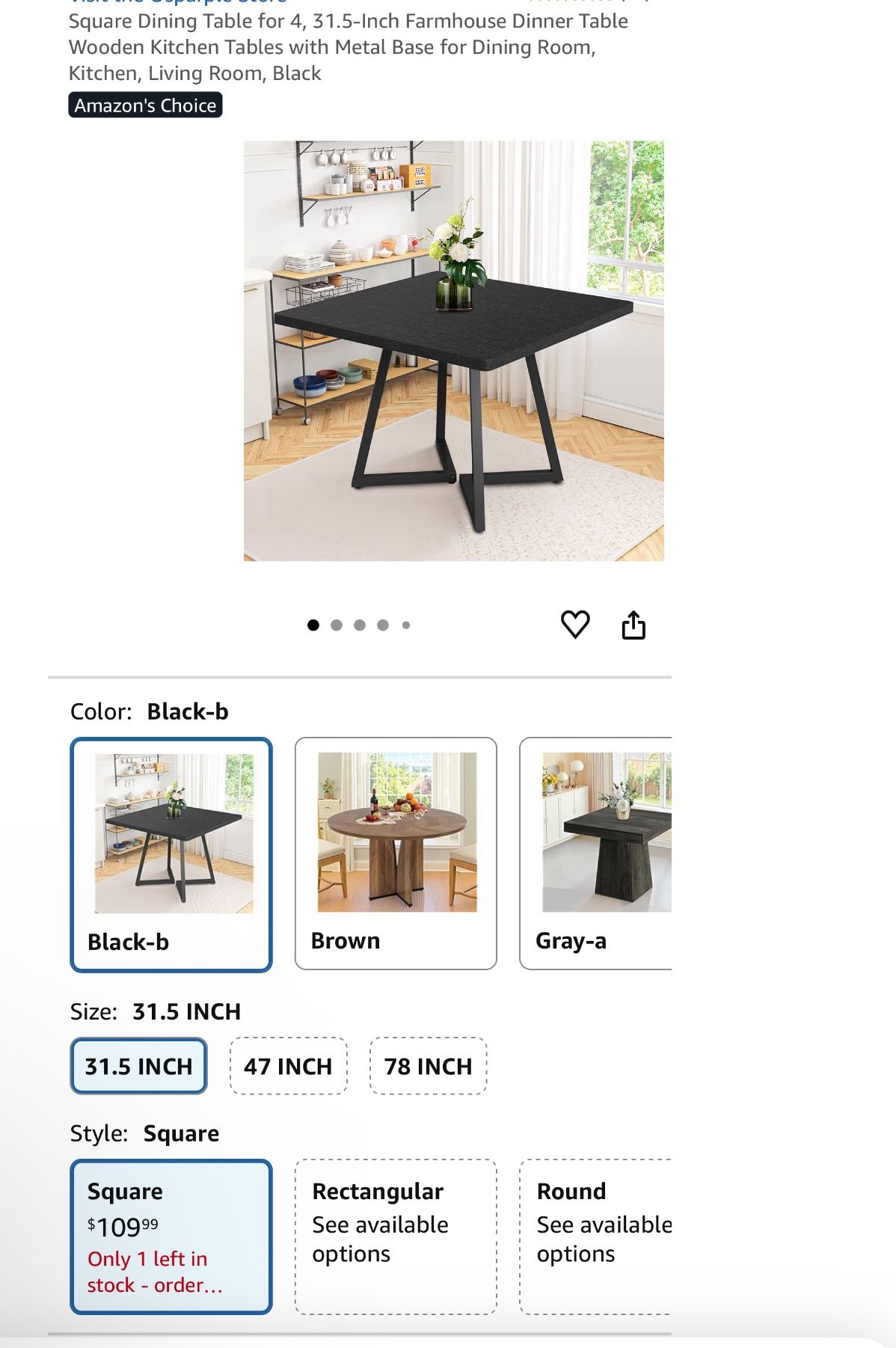 31.5" Dining Table for 4, Square Kitchen Table with Metal Frame, Vintage Wood Dining Table for Kitchen Room Living Room, Black 31.5“ Dx 31.5” W Black