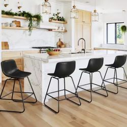 34.5 in. Black Color Swivel Faux Leather Seat Bar Stool Counter Height Metal Frame Bar Stools with Low Back (Set of 4)