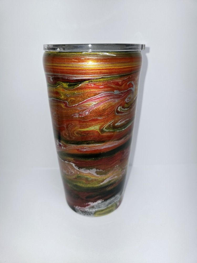Handmade 20oz Epoxy Tumbler – Fiery Red & Gold Swirl