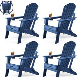 FUNBERRY Folding Adirondack Chair Set of 4, Fire Pit Chairs, Plastic Adirondack Chairs Weather Resistant with Cup Holder, Composite Adirondack Chairs