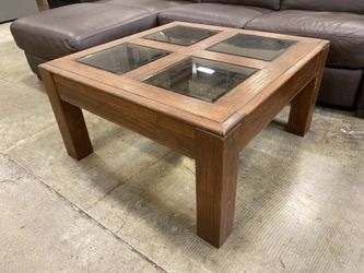 Vintage Rustic Walnut Sturdy Square Coffee Table with Glass Panel Inserts