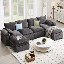 Modular Sectional Sofa U-Shaped, Chenille Fabric Small Space Couch, 129", Grey, 6 Seats