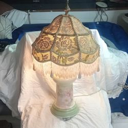 Antique Table Lamp Porcelain Rose With Silk Shade 