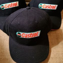NEW Mens 3 Brand Hats, Caps CASTROL Oil Black, Cloth Back + Strap W/ Adjustable Buckle Closure. East, West, North
