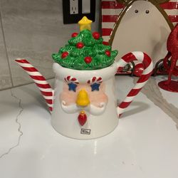 Department 56. Hand Painted  Ceramic Christmas Tea Pot Or Cookie Jar With Santa On One Side/snowman On The Other. Xmas Tree Lid. Striped Spout