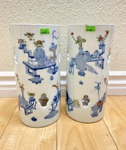 Chinese Antique A Pair Of Blue And White Porcelain Hat Stand Vases Qing Dynasty