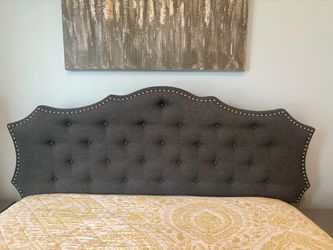 Dark Gray Tufted Upholstered Headboard with Nailhead Trim