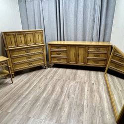 Vintage One Long Dresser With Mirror , Tall Dresser and Nightstand Set