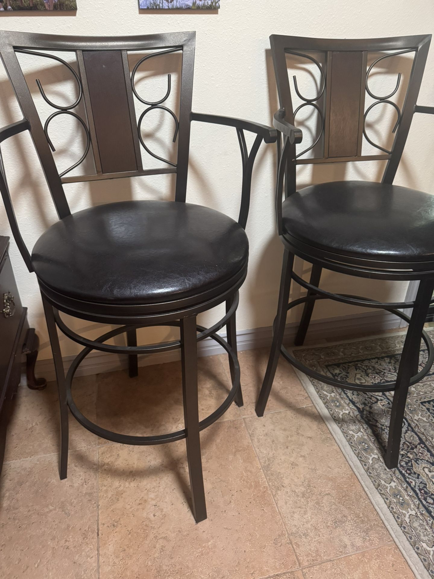 Large Iron And Leather Cushioned SWIVEL Bar Stools