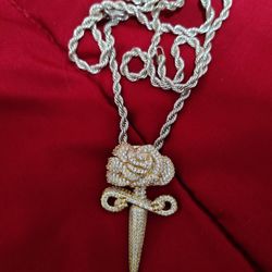 Silver Rope Chain With Gold Rose Dagger Pendant 