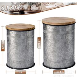 oneinmil Rustic Storage Bins Farmhouse End Table Farmhouse Furniture Galvanized Metal Stool Ottoman Seat with Round Wood Lid Set of 2